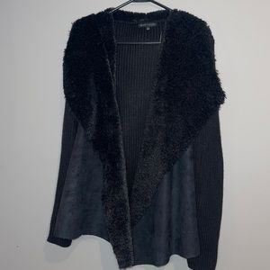 Black sweater cardigan with fur detailing